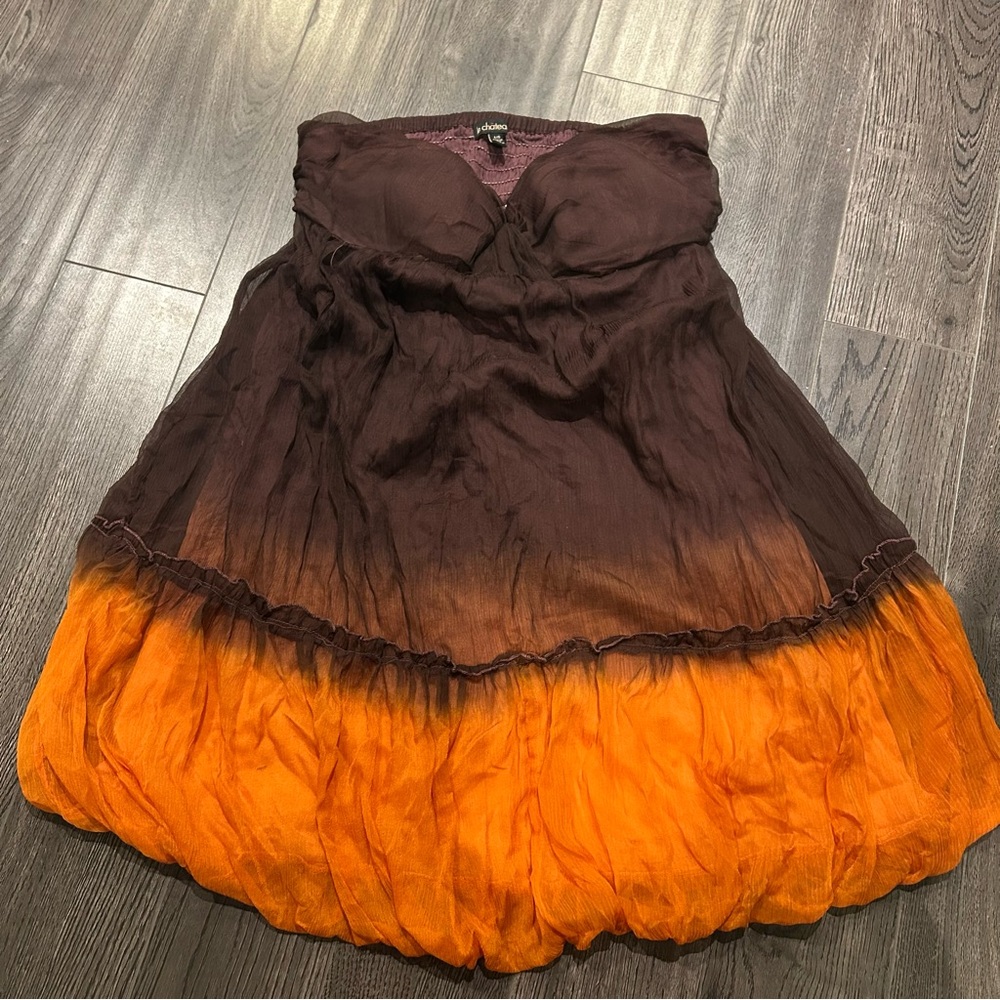 Brown and Orange Strapless Dress